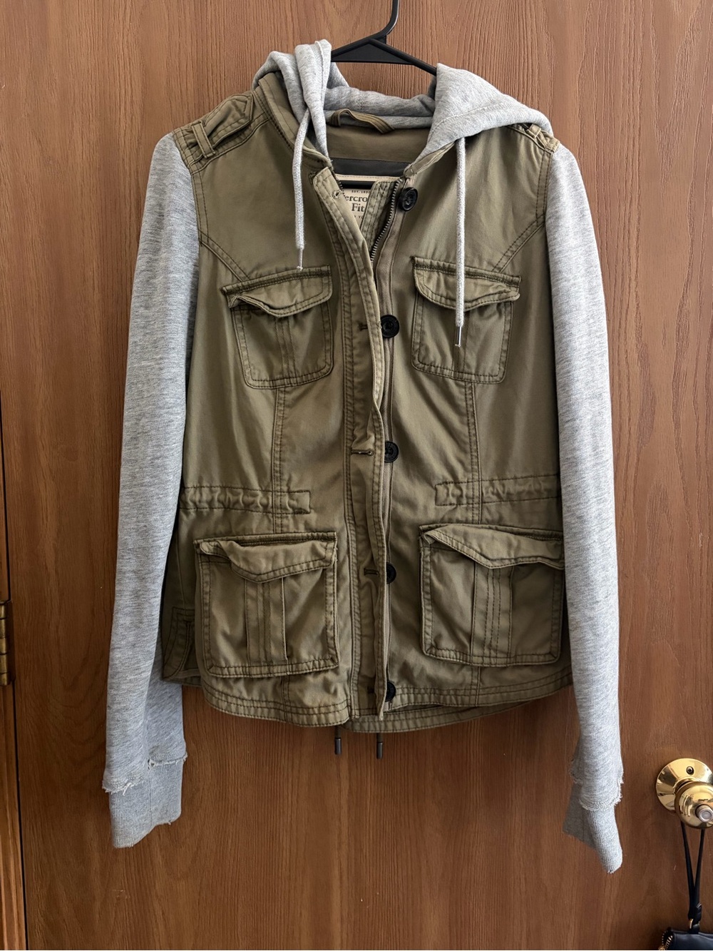 Abercrombie & Fitch Olive Utility Jacket with Gray Hoodie Sleeves